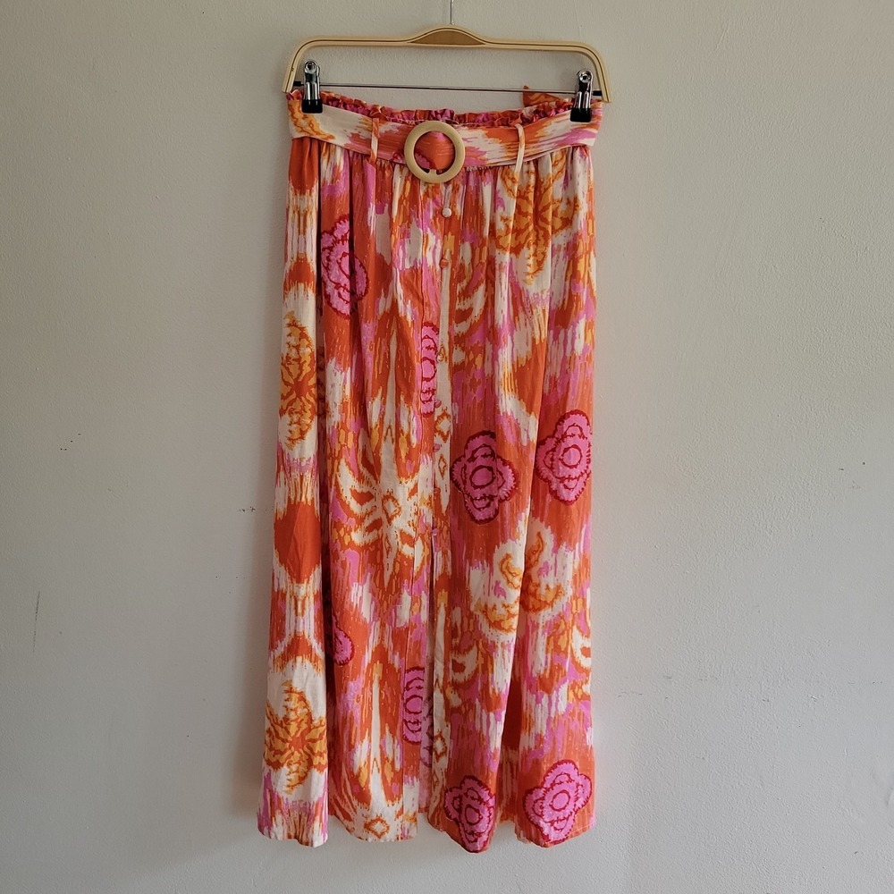 C C California Linen Blend Maxi Skirt Medium‎ Ikat Abstract Floral Button Loop